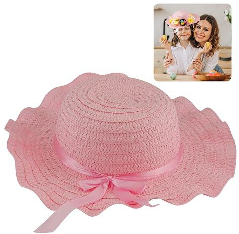 Easter Bonnet with Ribbon for Kids, Straw Woven Colourful Decorative Easter Hat Ideal to Decorate for School Parade and Easter Party Decorations Size-29cm (Pink Bonnet)