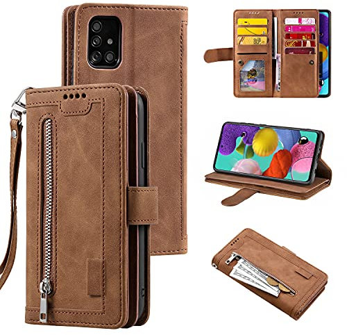 UEEBAI Hülle für Samsung Galaxy A71, Vintage Reißverschluss Handyhülle PU Leder Handytasche Silikon Bumper mit 9 Kartenfächer Standfunktion Geldbörse Trageband Schutzhülle Flip Wallet Case - Braun