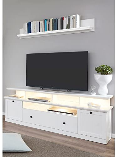 Lomadox TV Schrank Kombination weiß Landhausstil mit Wandregal und Beleuchtung, B/H/T: ca. 177/196/41 cm
