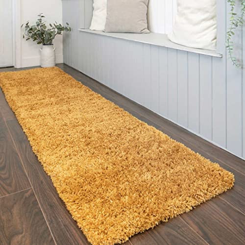 Thick Pile Modern Ochre Yellow Shaggy Runner Rugs Mustard Long Hallway Entrance Mat Carpet Soft Fluffy Lounge Living Room Bedroom Area Rug 60cm x 240cm