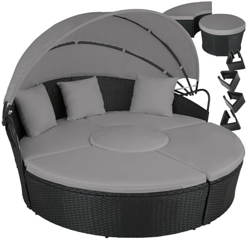 tectake® Bain de soleil Salon de jardin exterieur Modulable en Résine tressée avec Pare Soleil Pliable, Coussins Inclus, Chaise longue Relax Mobilier de Jardin pour Amenagement Balcon Terrasse Veranda