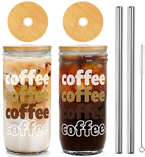 ANOTION Iced Coffee Cup, Mason Jar with Lid and Straw 24oz Wide Mouth Boba Cup Reusable Drinking Glasses Tumbler Smoothie Water Bottles Margaritas Juice Cocktail Travel Office Home, 2 Packs