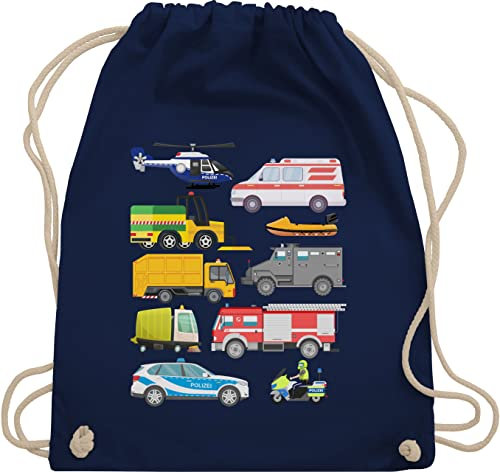 Turnbeutel Rucksack - Kinder Traktor Bagger und Co. - Fahrzeuge mit Sirene - Unisize - Navy Blau - kinderturnbeutel turnsack stoffbeutel stoff turn beutel turnsackerl sportbeutel stofftasche