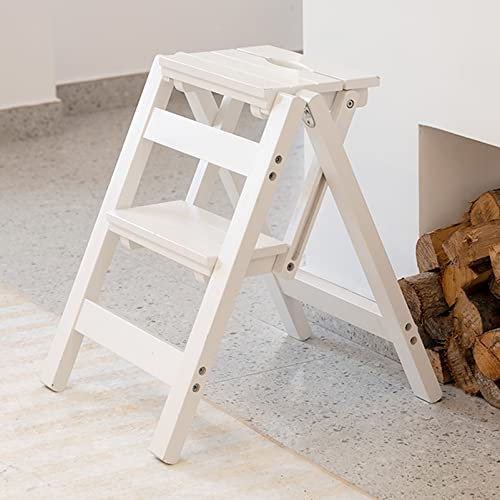 HMTE White Folding Step Stool, 2 Tier Step Ladder Kitchen Stool Wooden, Decorative Steps Ladder for Household and Office