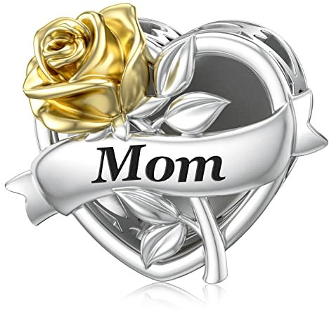 LANBEIDE Mutter-Charms aus Sterlingsilber, durchbrochene Liebesherzperlen mit Goldener Rose für Pandora-Armbänder, Geschenke für Frauen