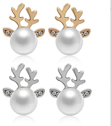 Denxahao Elch Tier Ohrstecker Rentier-Ohrstecker Hirschohrringe Perlenohrringe Weihnachten Ohrstecker Ohrringe Geschenke für Teenager, Mädchen, Frauen (Zwei Paare)