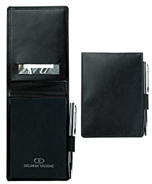 DELMON VARONE – Blocco note DIN A7 con 2 blocchi note e 1 mini blocco giornalista (nero) in vera pelle con passante per penna, scomparto e blocco vuoto non rigato e rimovibile