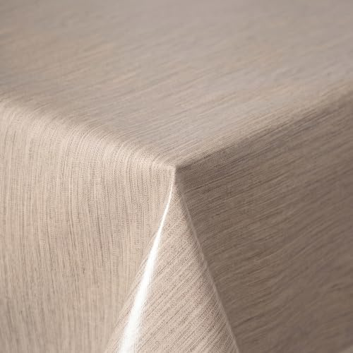 Tischdecke abwaschbar - Wachstuchtischdecke Rund 140 cm Beige | Rutschfest & wasserfest aus PVC mit Leinenoptik, Vlies-Unterseite & Paspelrand - für Küche, Esszimmer, Garten & Balkon