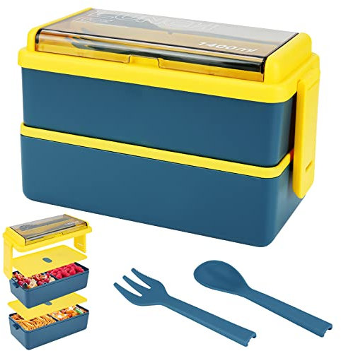 Yirochan 1400ml Lunch Box Stackable Bento Box - 2 Layer Lunch Box with Spoon Fork, Meal Prep Container Box for Students Adults Office School Microwave Dishwasher Safe Available (Blue)