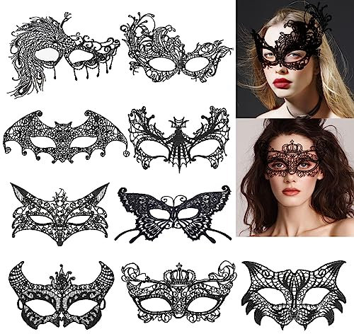 HOWAF 9 Stück Venezianische Maske Damen, Lace Mask Spitze Spitzenmaske Schwarz Halloween Augenmaske Maskenball Maske Damen Halloween Maske für Maskenball Halloween Kostüm Karneval Fasching Kostüm