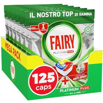 Fairy Platinum Plus Tablettes Lave-Vaisselle Tout En 1 Citron, Pack Familial 125 Capsules (5x25), Technologie Anti-terne, Redonne l'Éclat d'Origine, Efficace en Cycles Courts, Prévient Le Calcaire