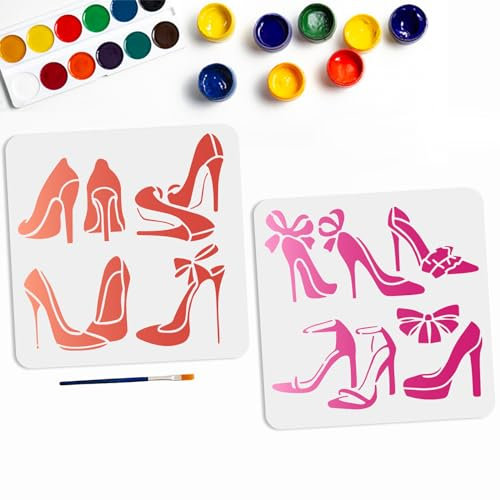 MAYJOYDIY 2 Stück High Heel Schuhschablone Mit Schleife High Heels Schablone Modische Damen Schablone 30×30cm Mit Pinsel Für Wand Bodenfliesen Holz Möbel Papier