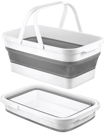 HOMESHOPA Collapsible Rectangular Carry Basket, Foldable Plastic Shopping Basket with Carry Handle, Portable Space Saving Storage Container, Ideal for Storage Laundry Camping Outdoor Activities, Grey