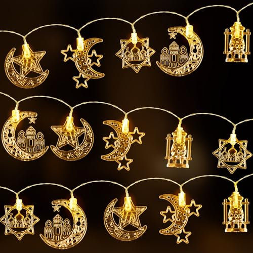 JOKSNK Ramadan Lichterkette, Led Muslim Ramadan Lichterkette, Led Ramadan Deko Lichterkette, Ramadan Licht Stern Mond Lichterketten, Mond Stern Lichterketten für Zuhause Garten Geburtstag Party