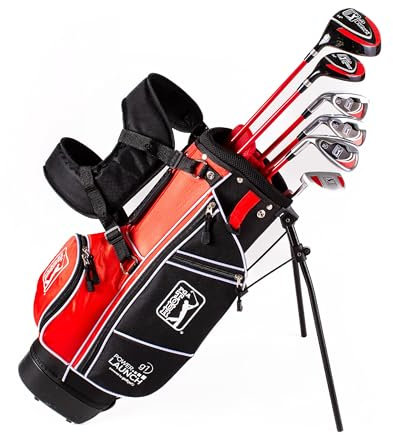 PGA TOUR Left Handed Red 10 Piece Set - Ideal for Golfers Between 4'1 - 4'8 and Ages 5-8 | New Bag, Half Mallet Putter, Driver, Hydrid, 2 Headcovers, 7 Iron, 9 Iron, Wedge, Stand Bag by Golfgen