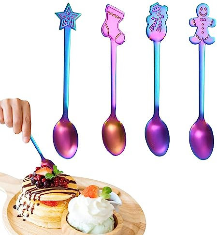 Weihnachtslöffel aus Edelstahl – kleine Löffel für Besteck, Kaffeelöffel, 4 Stück, Rührlöffel aus lebensmittelechtem Edelstahl, Set mit Blumenlöffeln