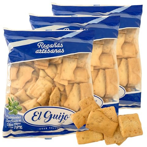Regañá Artesana El Guijo - Con 18% de Aceite de Oliva Virgen Extra. Pack de 3 bolsas - 750 gr. Cuadraditos de Pan Crujiente.