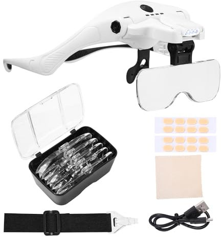 PERMUST Gafas de lupa con luz, gafas de aumento, carga USB con 4 luces LED y 2 lupas de brillo ajustables para usuarios de gafas, lupa para la cabeza, 5 lentes 1,0 x 1,5 x 2,0 x 2,5 x, 3,5 x v