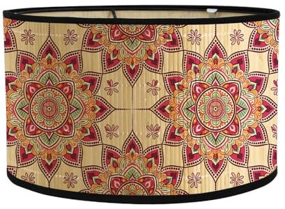 Fansu Pantalla de Lámpara de Mesa,Pantallas de Lámpara de Bambú,Cubierta de Lámpara de Tambor Estampado de Mandalas Vintage,Cilíndrica Lámpara de Pie para Mesita de Noche (flor mandala roja)