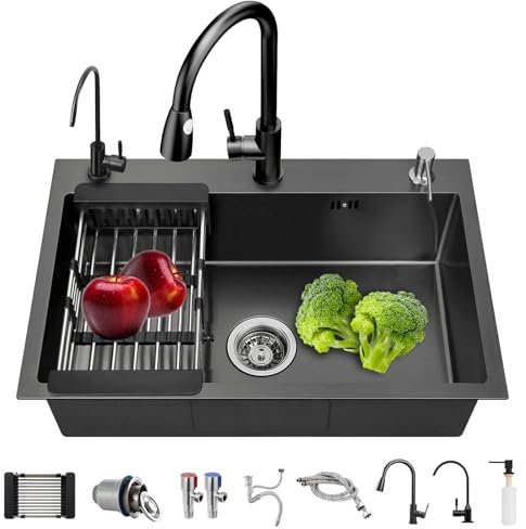 TULAZOU Fregadero cocina Gris oscuro,60x45 cm 304 Fregadero de acero inoxidable,fregadero cocina,fregadero cocina 1 senoque incluye Grifo/Grifo de agua purificada/Dispensador de jabón