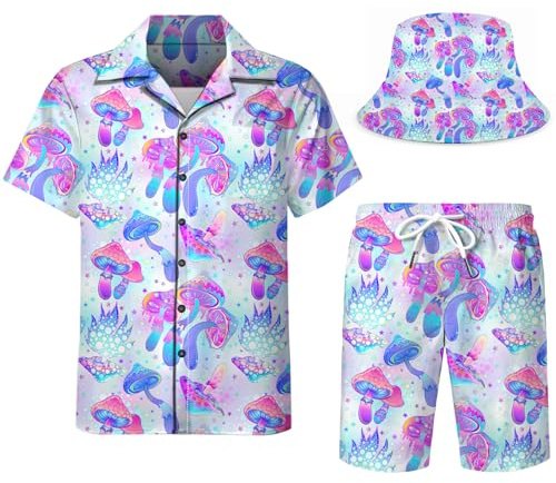 Spanoous Pilz-Rave-Outfits, Herren-Hemd-Set, Hawaii-Hemden und Shorts, lustige Hawaii-Hemden für Herren, Strand-Outfits mit Eimerhüten, Größe 20-L, Größe L, Mehrfarbig