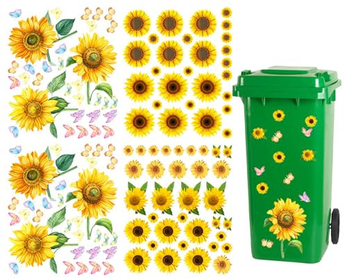 Asheyya 4 Sheets Sunflower Wheelie Bin Stickers Decorative, Self Adhesive Waterproof Butterfly Wheelie Bin Sticker Flowers