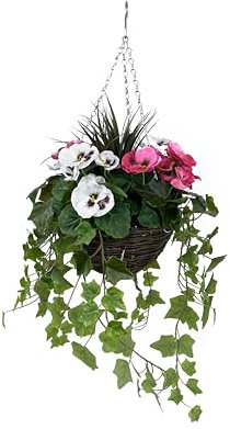 GreenBrokers Pansy with Ivy Vine in Hanging Basket (Anti-UV)(25cm diameter basket) Pink & White
