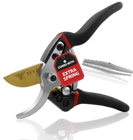 TEYZ Titanium Bypass Secateurs & Pruning Scissors, Garden Pruning Shears, Branch Cutters, Shears with Extra Spring