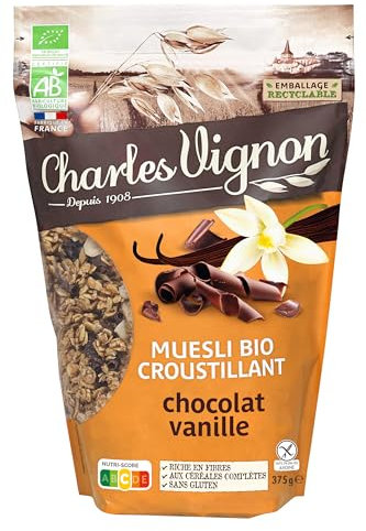 Charles Vignon - Muesli Bio Croustillant Chocolat Vanille - Sans Gluten - 375 g - Riche en Fibres, Fabriqué en France, Sachet Refermable