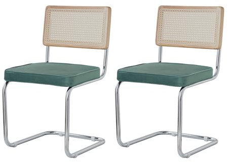 GrandCA HOME Modernes 2er-Set Esszimmerstühlen mit Rückenlehne aus Natürlichem Rohrgeflecht und Gestell aus Rostfreiem Chrom, Gepolsterte Küchenstühle aus Rattan,Grün