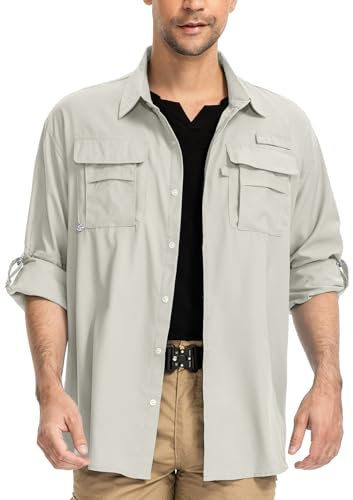 yeyity Herren Safari Hemd UPF50+ UV-Schutz Langarm Outdoor Hemd Casual Freizeithemden Schnelltrocknendes Funktionshemd für Wandern Angeln Reisen Trekking(5052,Light Khaki,XL)