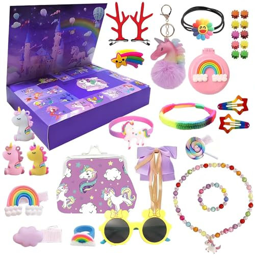 Xiujuers Adventskalender 2024 für Mädchen, Adventskalender Einhorn, 24 Tage Weihnachts-Countdown-Einhorn mit Spielzeug und Haarschmuck, Adventskalender 2024 Einhorn, Weihnachtskalender 2024 Einhorn