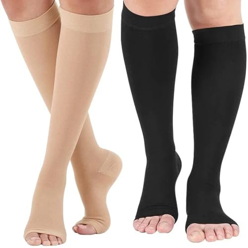 IKOPFLN Calze Compressione Graduata Donna,2 Paia Calze Elastiche Per Vene Varicose, Fascia Compressione Polpaccio Da 15-20mmhg,l-Xl,Nero e Colore Della Pelle