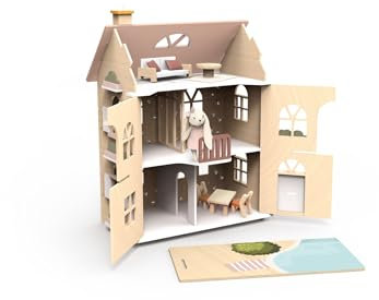 SPEEDY MONKEY Flowers Cottage Starter Set: Elegant Wooden Dolls House | Beautiful Multicolour Play House | FSC Certified Includes Furniture, Safe Tiny House Wooden Toys for Kids