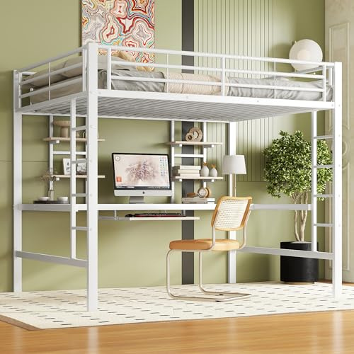 Moimhear Hochbett, 140x200 cm, Bettgestell Metallbett, Eisenbett, Hochbett mit Schreibtisch und Zwei Bücherregalen für Kinder, Jugendliche und Erwachsene, Weiß