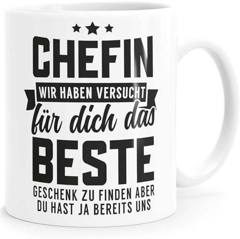 MoonWorks® Kaffee-Tasse Spruch Chefin Wir haben versucht das beste Geschenk für dich zu finden Kaffeebecher lustig Bürotasse Weiss-schwar standard
