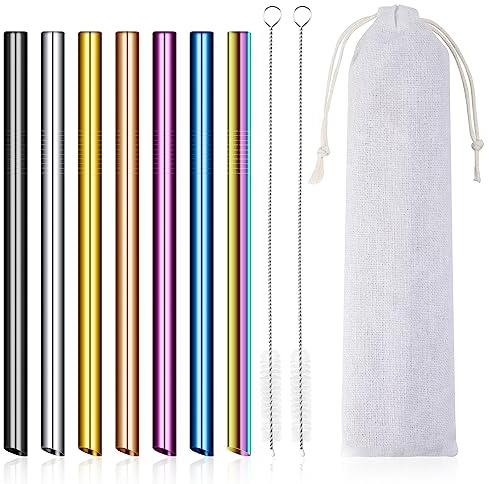 Bubble Tea Cannucce 7 Pezzi Cannucce in Acciaio Inox Riutilizzabili 10 mm Extra Larghezza Bubble Tea 21 cm con 2 Spazzole per Frullati Bevande Calde e Fredde