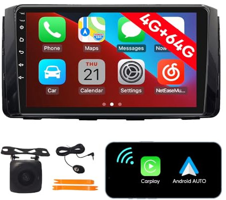 [4G 64G] Android Car Stereo FM Radio Carplay Android Auto 9 Touchscreen Headunit Media Player with Backup Kamera Für Hyundai H350/ Solati 2016 2017 2018 2019 2020 2021 UV Black