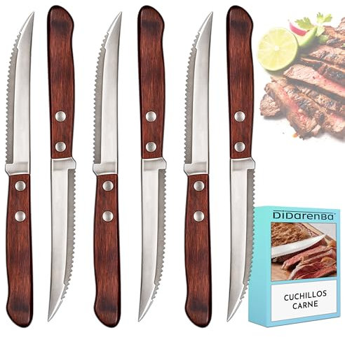Didarenba Cuchillos carne acero inoxidable madera set 6 piezas estilo tradicional cuchillos sierra chuleteros