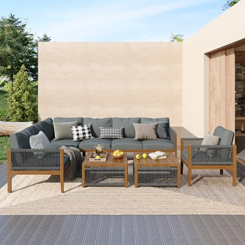 Kebnor Sitzgruppe Gartengarnitur, Gartenlounge Set für 7-8 Personen.Gartenmöbel Set mit Sofa, Tisch& Kissen,Abnehmbarer und waschbarer Stoffbezug, Natural & Grau