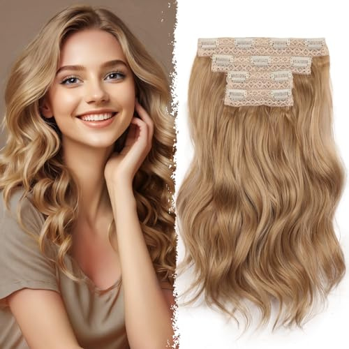 Blonde Clip In Hair Extension - 14 Inch Wavy Natural Synthetic Hair Extensions Clip In (Color: Dark Blonde with Beige Blonde Highlights)