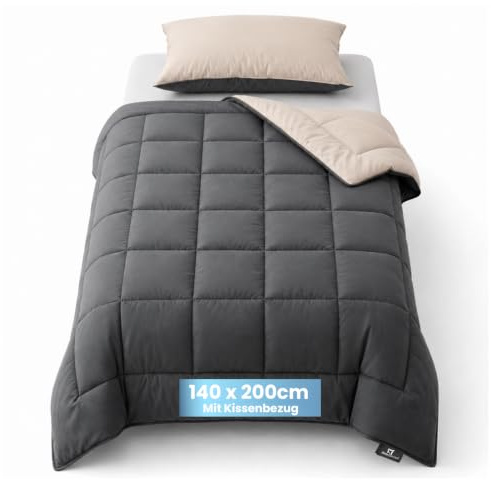 Slaapspeciaal Bettdecke ohne Bezug 135x200 - Ganzjahresdecke Wärmeklasse 2 | Steppdecke mit Gelfasern für Daunengefühl [Softcell Füllung] Extra Weich - Inklusive waschbarem Kissenbezug - Grau Beige