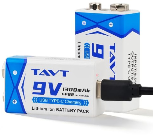 TAVT 2Pcs 1300mAh 9V Rechargeable Battery with USB-C Charging Port for Toys, Smoke Alarms, Multimeters, Walkie-Talkie, Microphones