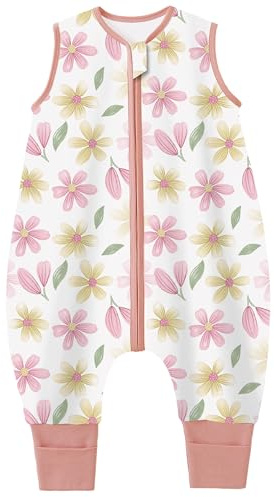 Teechodina Baby Ganzjahres Schlafsack mit Füßen 100% Baumwolle 1.5 Tog Schlafsack mit Beinen für Kinder, 1.5 Tog/Blumen, 80cm/Baby Höhe 90-100cm