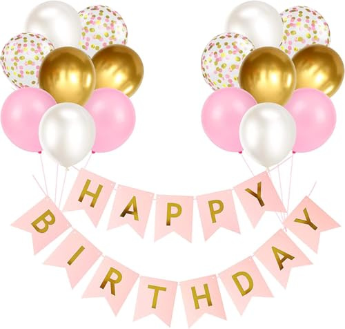 Luftballons Geburtstag Dekoration Set, Rosa Gold Geburtstagsdeko Happy Birthday deko Banner Set mit Happy Birthday Luftballons Konfetti Ballons（PK+GD）