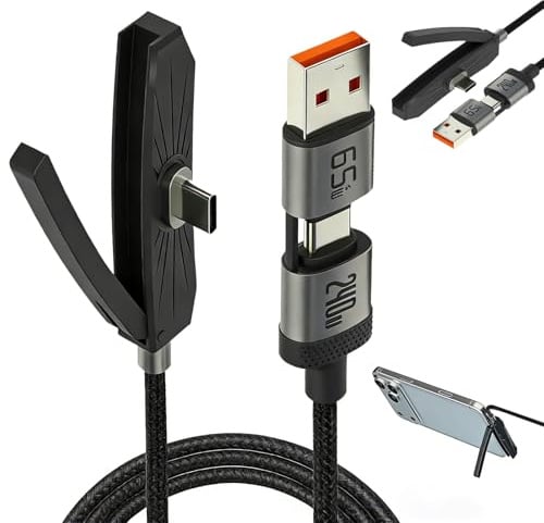 Caricatore invisibile 3 in 1 per telefono,2M Caricatore Telefono Laterale,Ricarica Rapida 240w+65w,Cavo di ricarica con supporto per smartphone,tablet,giochi e ufficio,cavo di ricarica rapida(B-C+C-C)