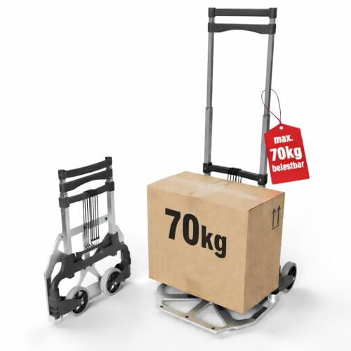 Aluminium Transportkarre klappbar Sackkarre bis 70kg & 110cm Teleskopgriff | Anti-Rutsch-Pads, leise Soft-Räder, inkl. 2 Expanderseile, leicht, kompakt, faltbar