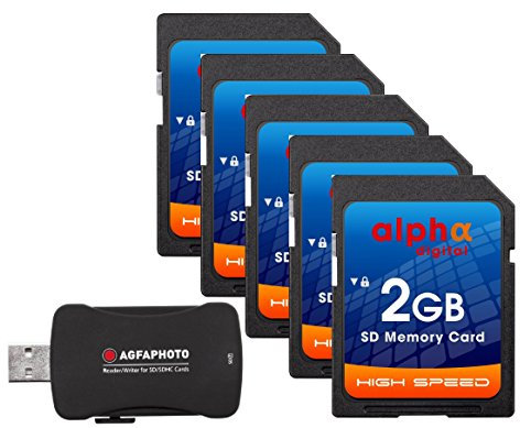 Alpha Digital [5 Pack] Memory Card for Nikon D50 D40 D40X D3300 | 2GB Secure Digital (SD) Memory Cards x5 Plus Agfa Card Reader