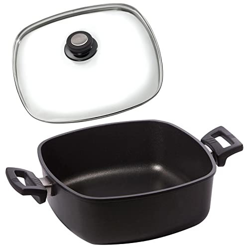 Eurolux Guss-Kasserolle 28x28 cm Set mit Deckel aus Glas (Edelstahlrand) - 10 cm hohe quadratische Bratenkasserolle 6 Liter mit Antihaft-Beschichtung - ohne Induktion - Made in Germany