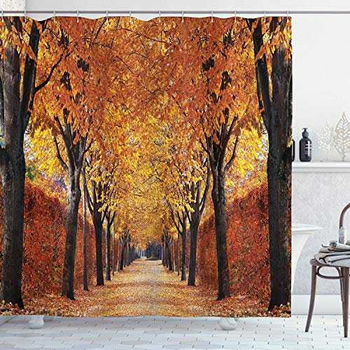 ABAKUHAUS Herbst Duschvorhang, Bahn im Wald, Stoffliches Gewebe Badezimmerdekorationsset mit Haken, 175 x 200 cm, Orange
